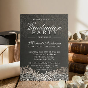 Elegant Silver Damask Grad Graduation Party Invitation