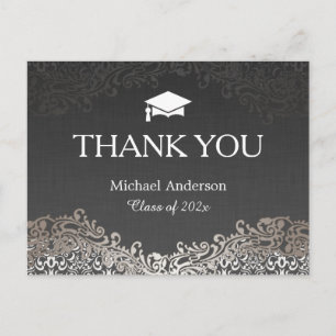 Elegant Silver Damask Graduation Thank You Postcard