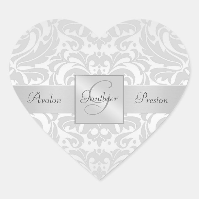 Elegant Silver Damask Heart Wedding Sticker (Front)