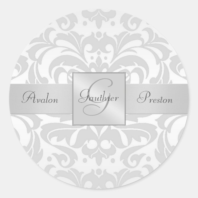 Elegant Silver Damask Monogram Wedding Sticker (Front)