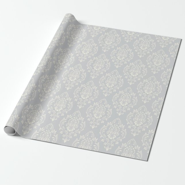 Elegant Silver Damask Pattern Luxury Wrapping Paper (Unrolled)