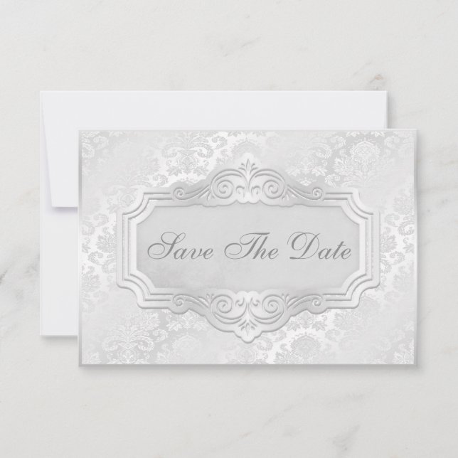 Elegant Silver Damask Wedding Save The Date (Front)