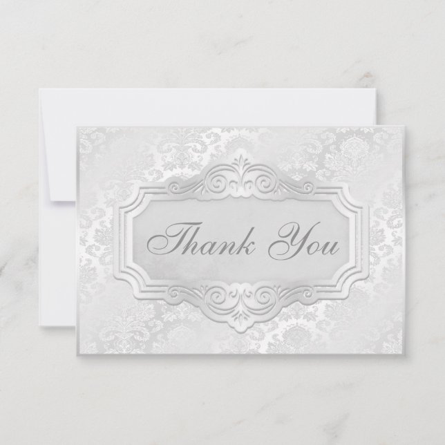 Elegant Silver Damask Wedding Thank You Card (Front)