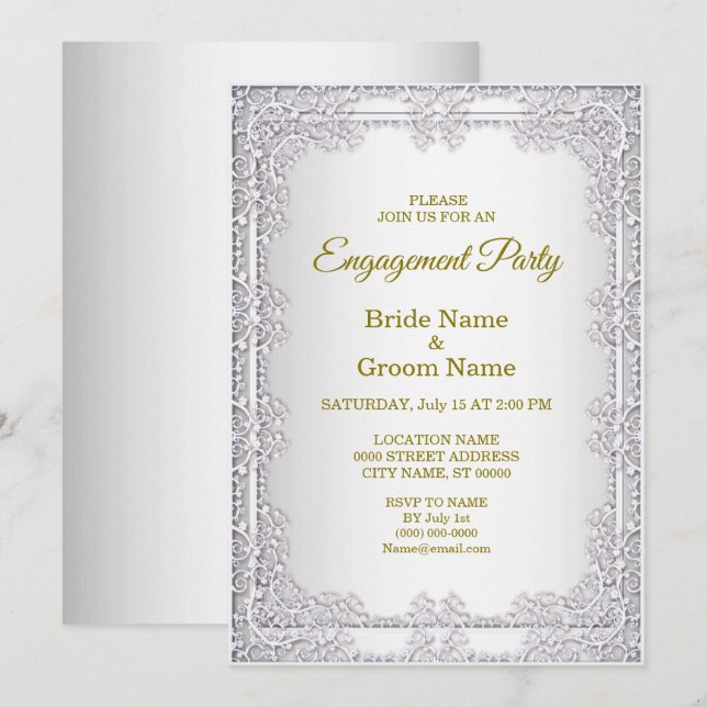 Elegant Silver Decorative Engagement Invitation (Front/Back)