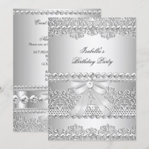 Elegant Silver Diamond White Lace Birthday Party Invitation