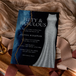 Elegant Silver Dress & Navy 50th Birthday Party Invitation