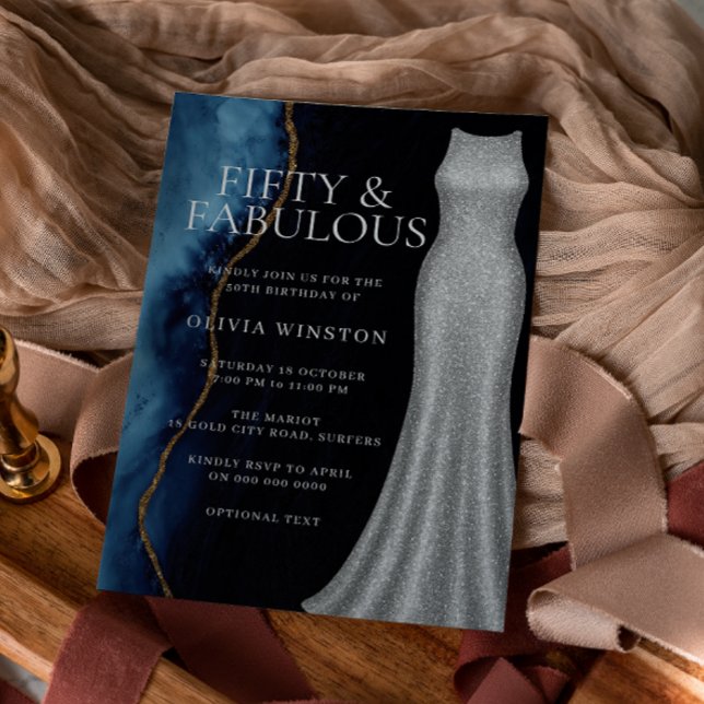 Elegant Silver Dress & Navy 50th Birthday Party Invitation (Creator Uploaded)