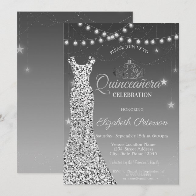 Elegant Silver Dress, String Lights Quinceañera Invitation (Front/Back)