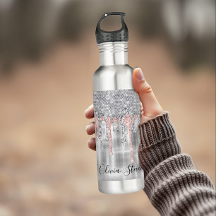 Elegant silver dripping glitter monogram 710 ml water bottle