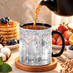 Elegant silver dripping glitter monogram coffee mug