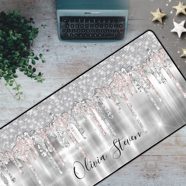 Elegant silver dripping glitter monogram desk mat (Creator Uploaded)