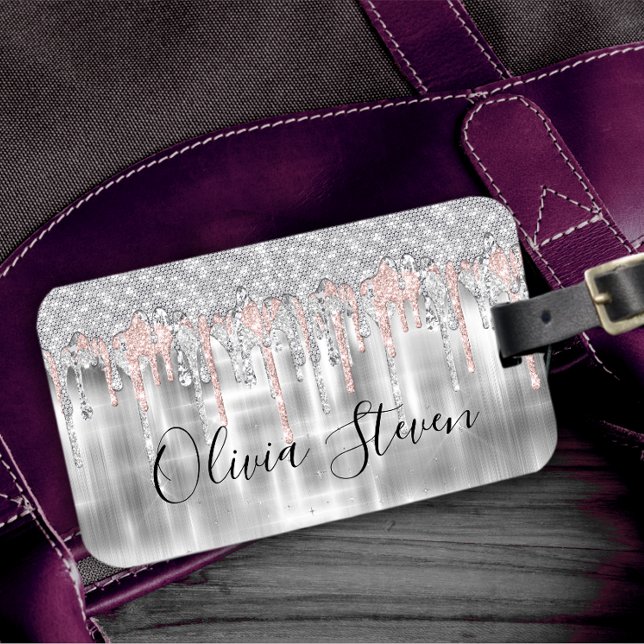 Elegant silver dripping glitter monogram luggage t tag (Creator Uploaded)