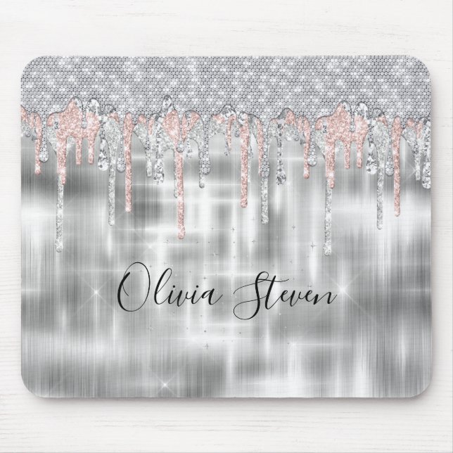 Elegant silver dripping glitter monogram mouse pad (Front)