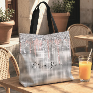 Elegant silver dripping glitter monogram tote bag