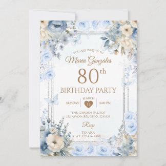 Elegant Silver & Dusty Blue Roses 80th Birthday Invitation