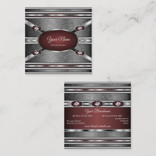 Elegant Silver Effects Burgundy with Faux Diamonds Square Business Card (Front/Back)