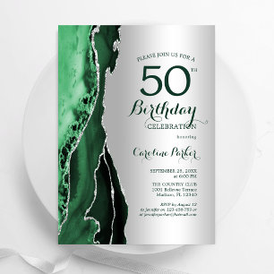 Elegant Silver Emerald Green Agate 50th Birthday Invitation