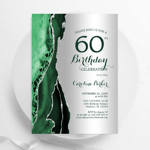 Elegant Silver Emerald Green Agate 60th Birthday Invitation