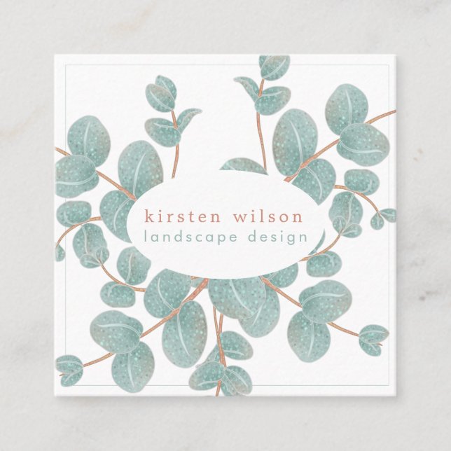Elegant Silver Eucalyptus Branch - Personalized Square Business Card (Front)