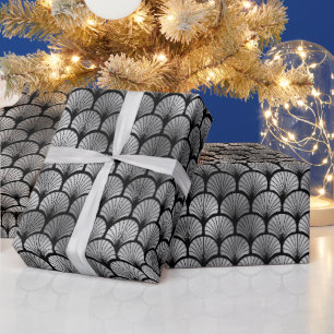 Elegant Silver Fan Grid Art Deco Pattern Wrapping Paper
