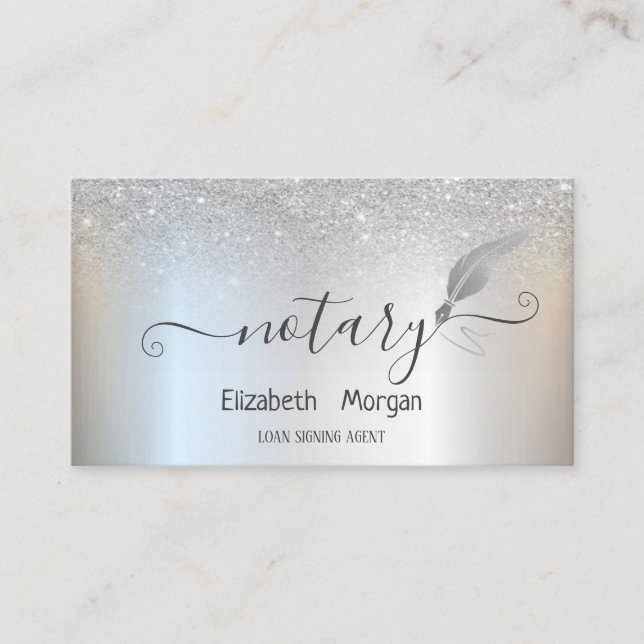 Elegant Silver Feather Notary Silver Glitter Business Card (Front)