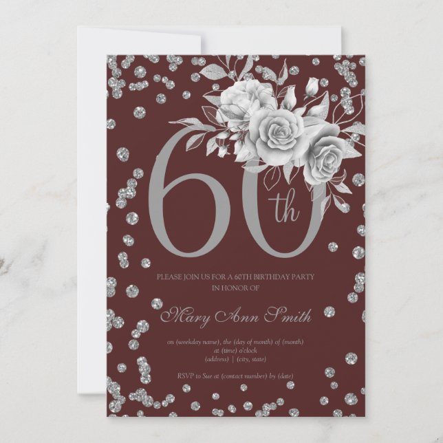 Elegant Silver Floral 60th Birthday Party Burgundy Invitation (Front)