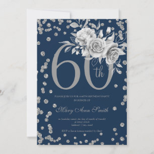 Elegant Silver Floral 60th Birthday Party Navy Invitation