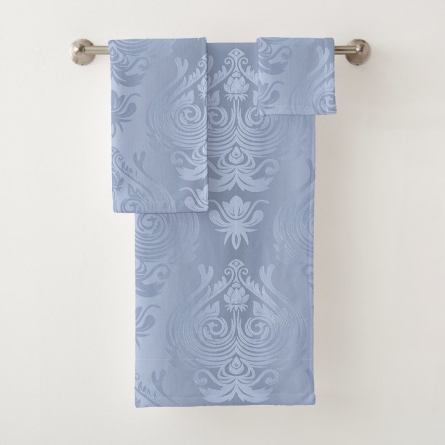 Elegant Silver Floral Damask Print Bath Towel Set (Insitu)