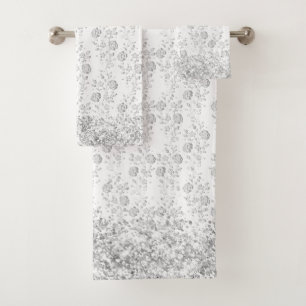 Elegant Silver Floral Glittery Glam Bath Towel Set