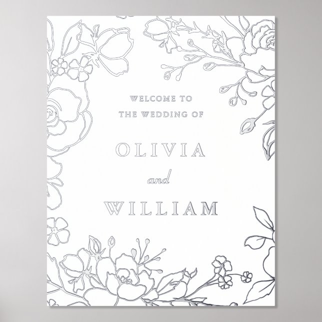 Elegant Silver Floral Wedding Ceremony Welcome Foil Prints (Front)