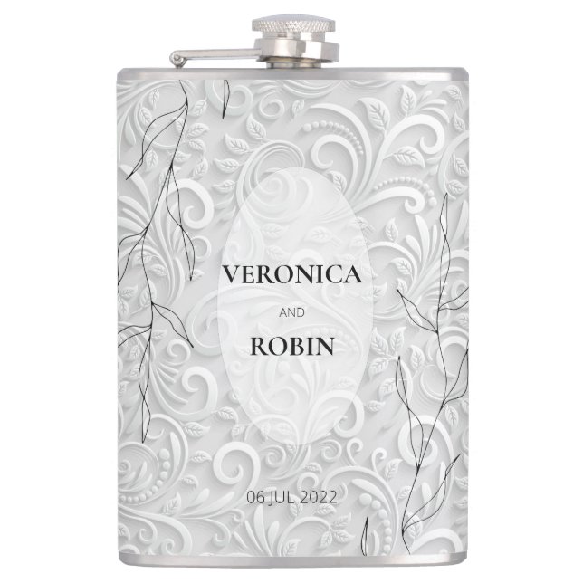 Elegant Silver Floral Wedding Flask – Personalized (Front)
