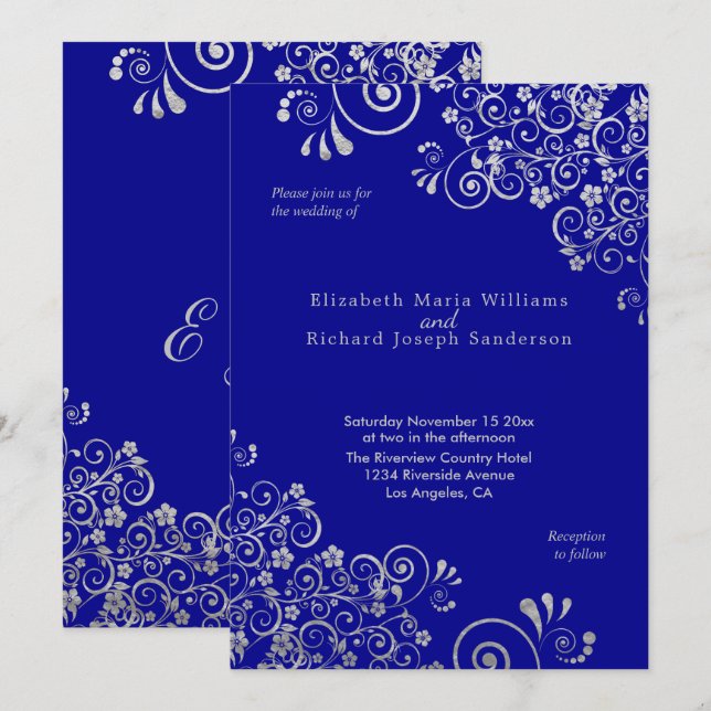 Elegant Silver Flower Swirls  Navy Blue Wedding Invitation (Front/Back)
