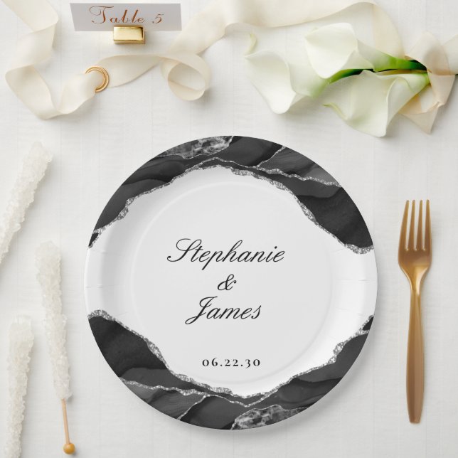 Elegant Silver Foil Black Agate Wedding Paper Plate (Wedding)