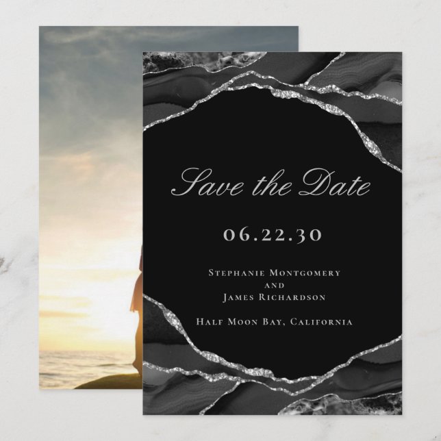 Elegant Silver Foil Black Agate Wedding Photo Save The Date (Front/Back)