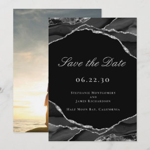 Elegant Silver Foil Black Agate Wedding Photo Save The Date
