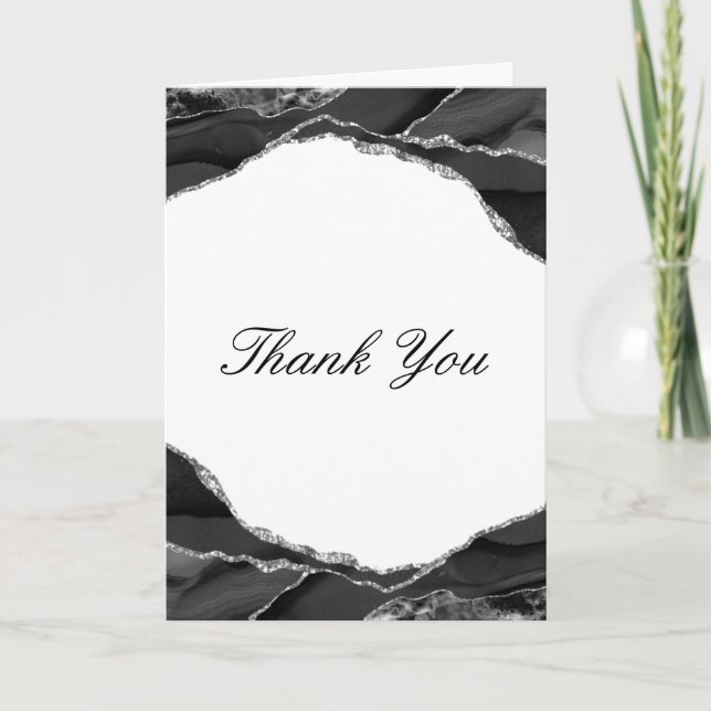 Elegant Silver Foil Black Agate Wedding Photo Thank You Card (Front)