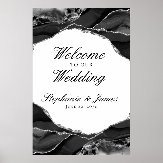 Elegant Silver Foil Black Agate Wedding Welcome Poster (Front)