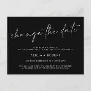 Elegant silver foil black wedding change the date announcement postcard