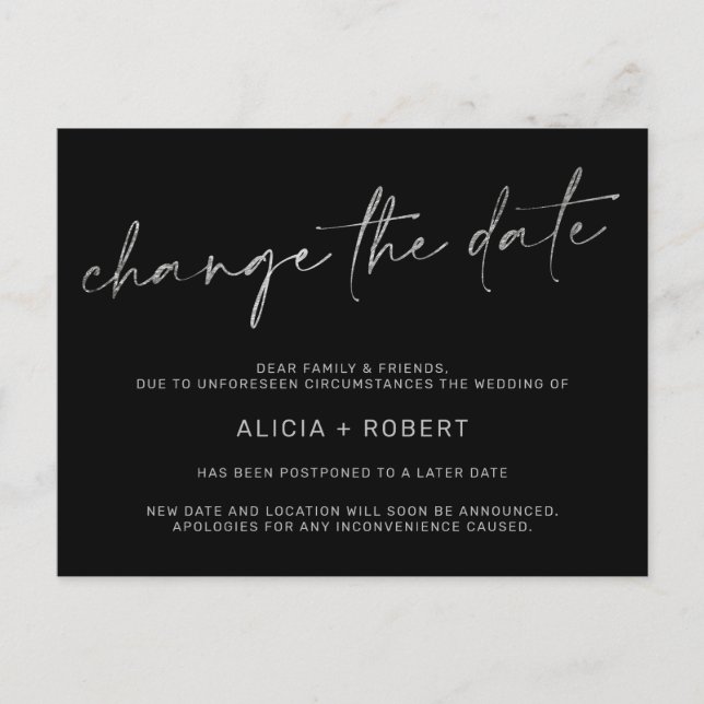 Elegant silver foil black wedding change the date announcement postcard (Front)