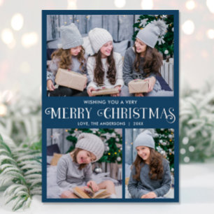 Elegant silver foil blue Merry Christmas 3 photo Holiday Card