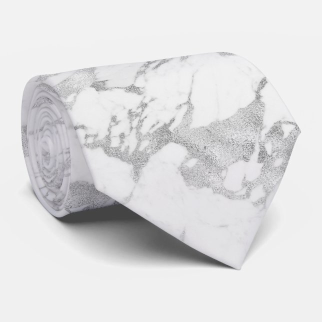 Elegant Silver Foil Chic White Marble Tie (Rolled)