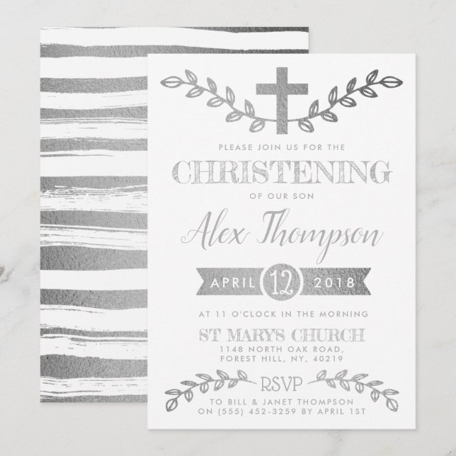 Elegant Silver Foil Cross & Foliage Christening Invitation (Front/Back)