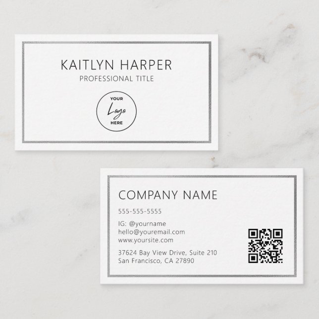 Elegant Silver Foil Frame Minimal Logo QR Code Business Card (Front/Back)