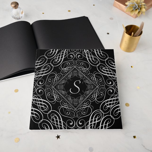 Elegant Silver Foil Look Filigree Scrollwork Black Guest Book (Front Open)