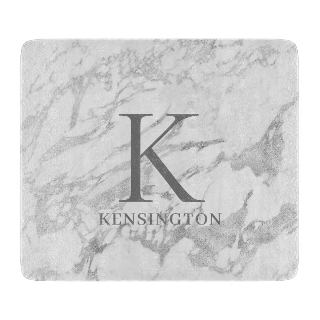Elegant Silver Foil Marble Monogram Cutting Board (Front)