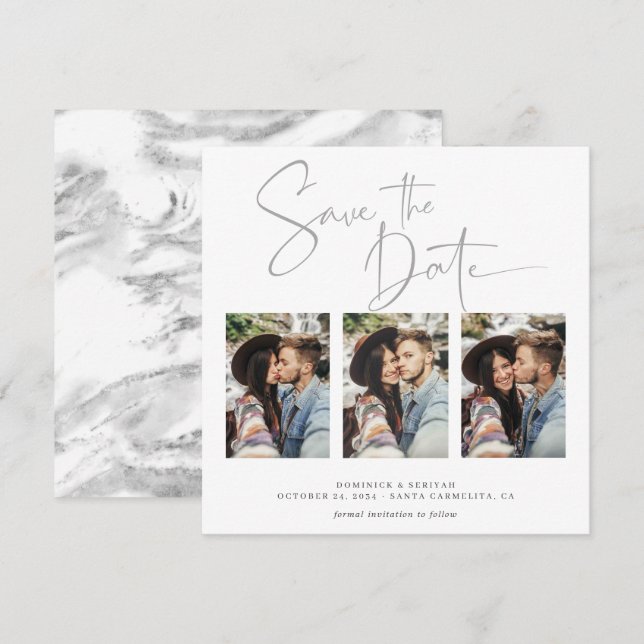 Elegant Silver Foil Marble Wedding Save the Date (Front/Back)