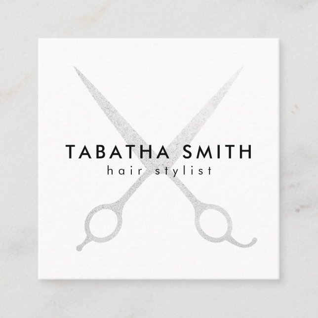 Elegant silver foil scissors hair stylist salon square business card (Front)