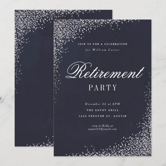 Elegant Silver Foil Script Retirement Party Invitation (Front/Back)