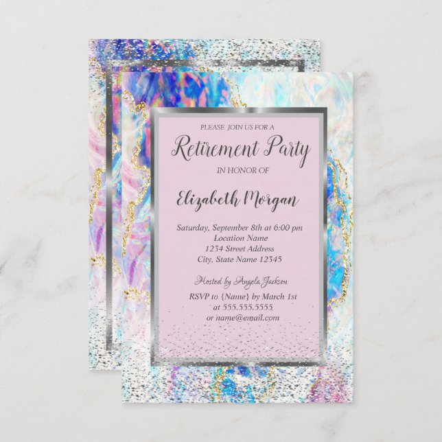 Elegant Silver Frame Confetti Opal Retirement  Invitation (Front/Back)