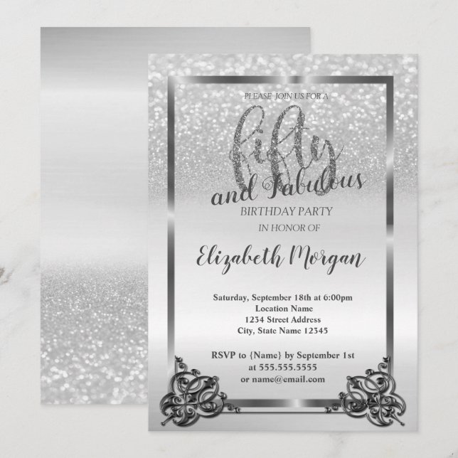 Elegant Silver Frame Glitter   50th Birthday Party Invitation (Front/Back)